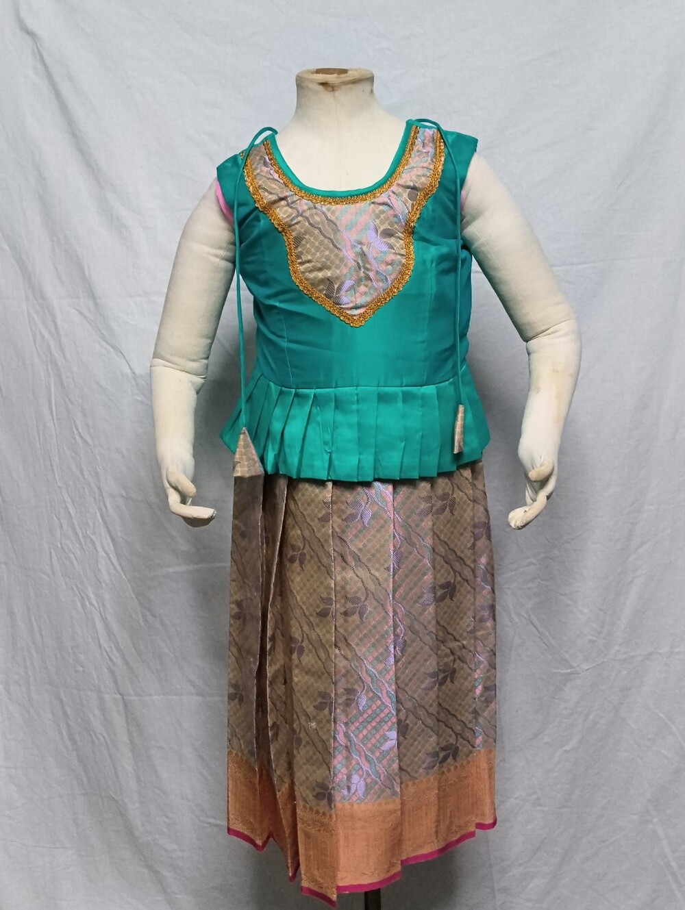 Kids Teal, Pink, and Gold Pattu Pavadai